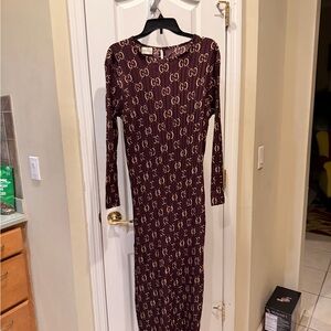 Long Sleeve Logo Print Maxi Dress in Burgundy
